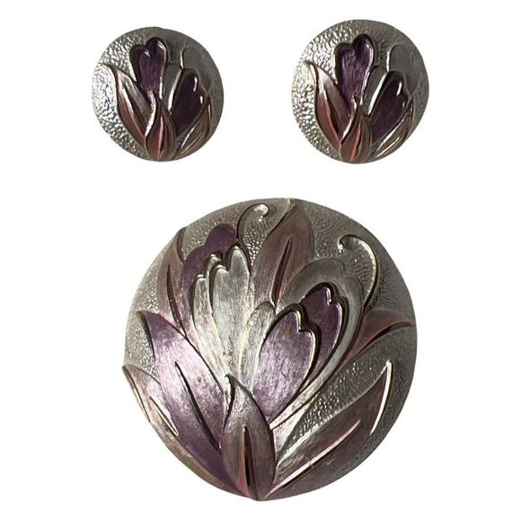 Post Modern Pastel Flower Dome Brooch & Clip In Floral Earrings Jewelry Set - Picture 6 of 6